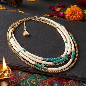 Handcrafted Boho Chic Beaded Antique Gold Artisanal Ethnic Layered Necklace